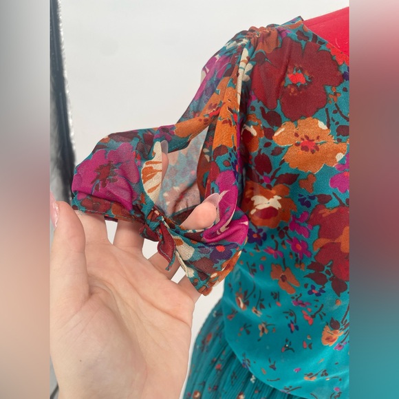 VTG 60s 70s Teal Lightweight Floral Print Midi Peasant Dress - Picture 6 of 11